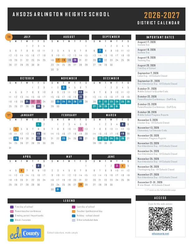 AHSD25 Arlington Heights School printable 2026-27 calendar