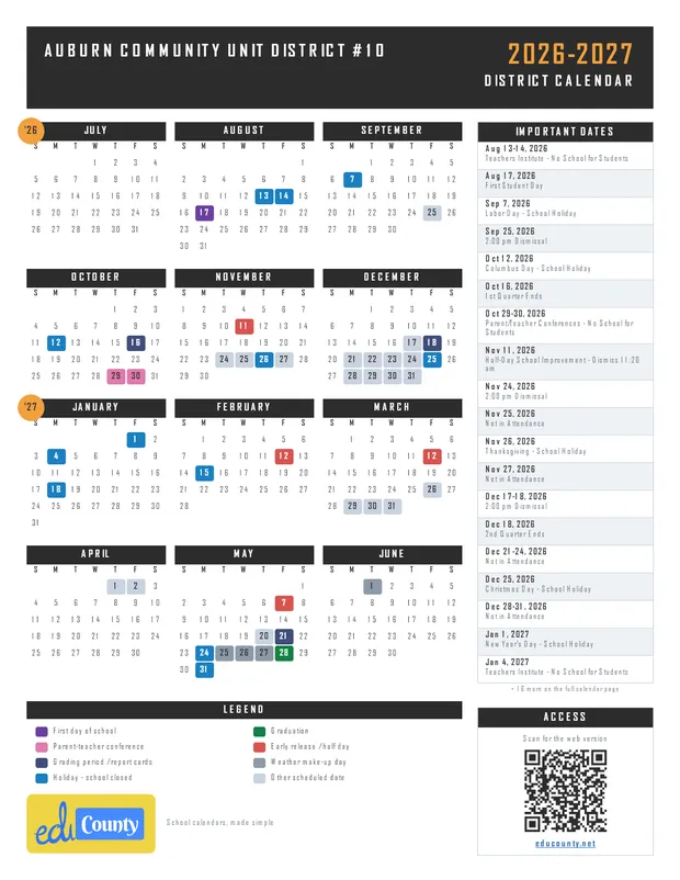 AUBURN COMMUNITY UNIT DISTRICT # 10 printable 2026-27 calendar