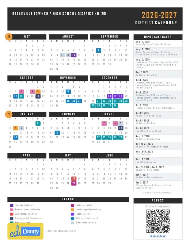 Belleville Township High School District No. 201 printable 2026-27 calendar