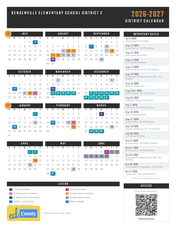 Bensenville Elementary School District 2 printable 2026-27 calendar