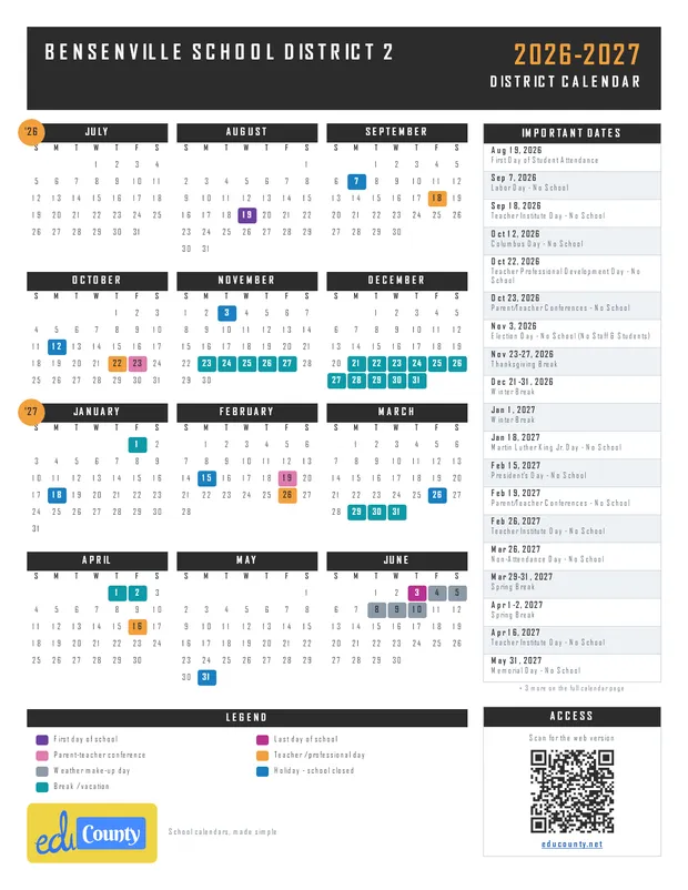 Bensenville School District 2 printable 2026-27 calendar