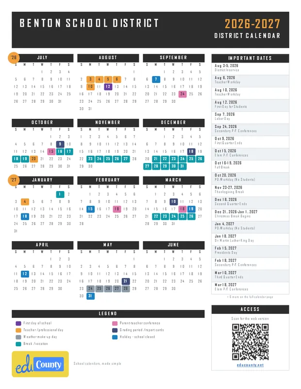 Benton School District printable 2026-27 calendar