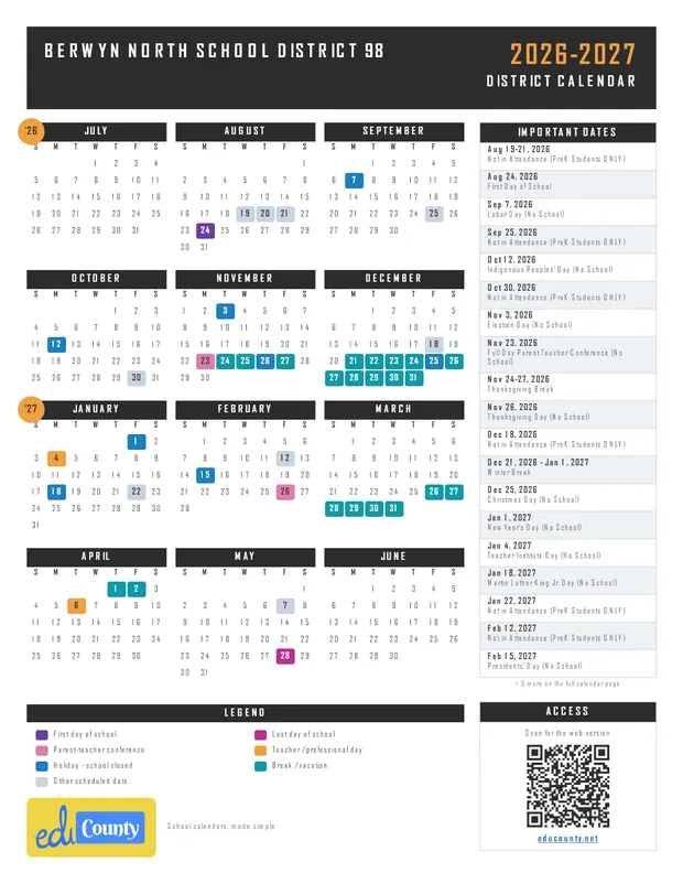Berwyn North School District 98 printable 2026-27 calendar