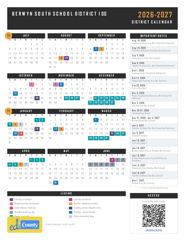 Berwyn South School District 100 printable 2026-27 calendar
