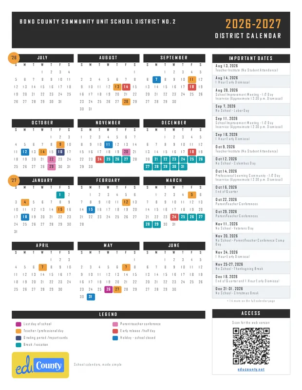 Bond County Community Unit School District No. 2 printable 2026-27 calendar