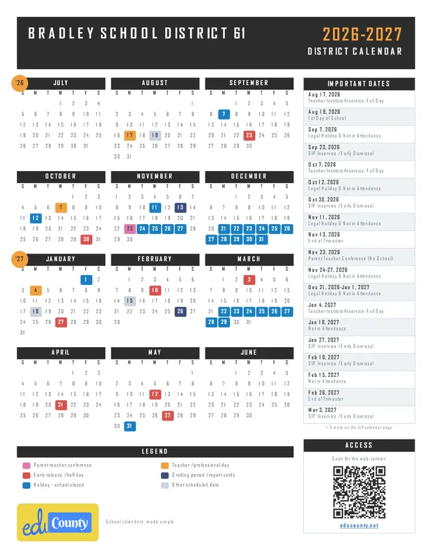 Bradley School District 61 printable 2026-27 calendar
