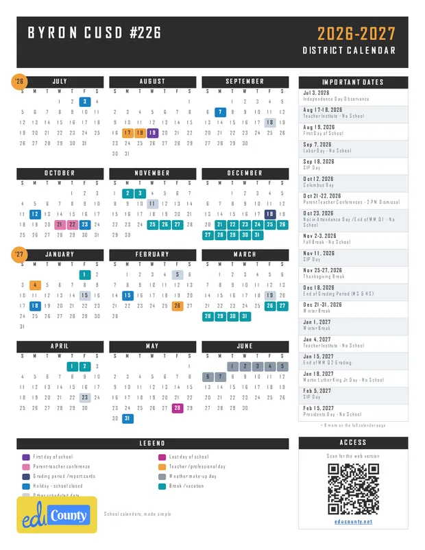Byron CUSD #226 printable 2026-27 calendar
