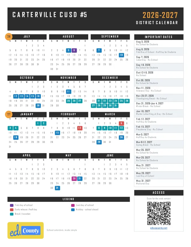 CARTERVILLE CUSD #5 printable 2026-27 calendar