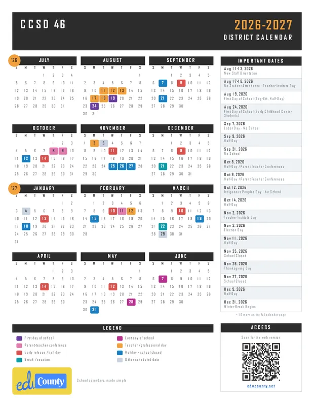 CCSD 46 printable 2026-27 calendar