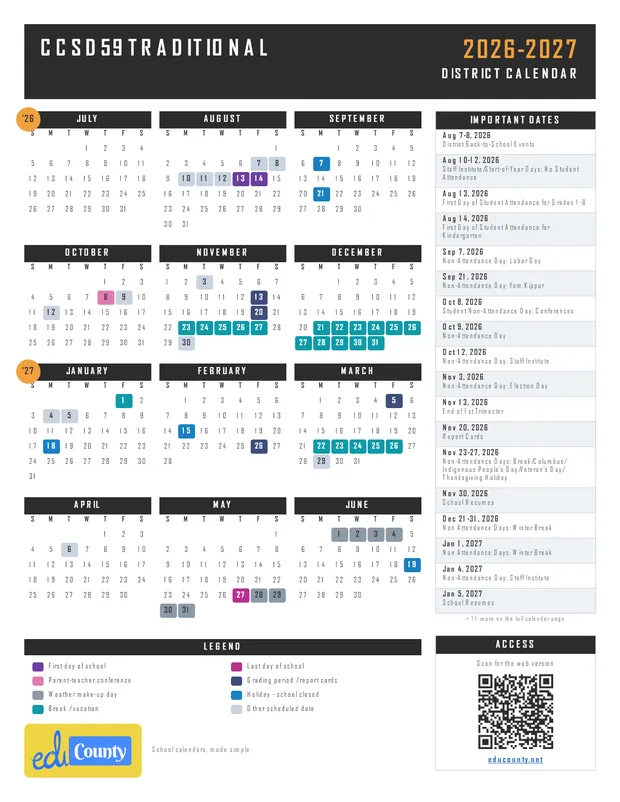 CCSD59 Traditional printable 2026-27 calendar