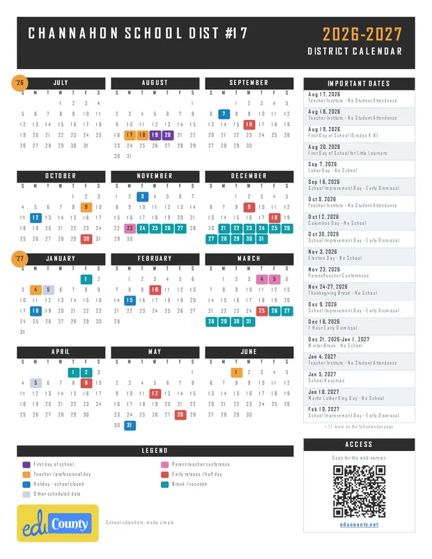 Channahon School Dist #17 printable 2026-27 calendar