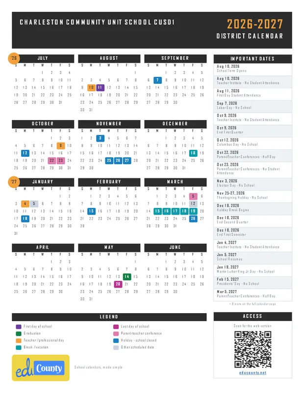 Charleston Community Unit School CUSD1 printable 2026-27 calendar