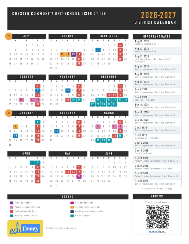 Chester Community Unit School District 139 printable 2026-27 calendar