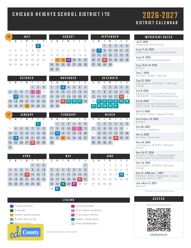 Chicago Heights School District 170 printable 2026-27 calendar