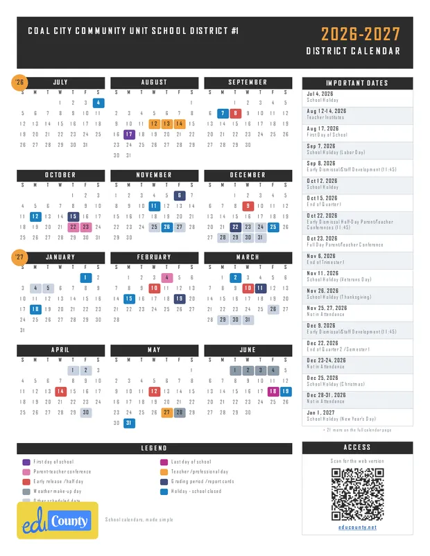 COAL CITY COMMUNITY UNIT SCHOOL DISTRICT #1 printable 2026-27 calendar
