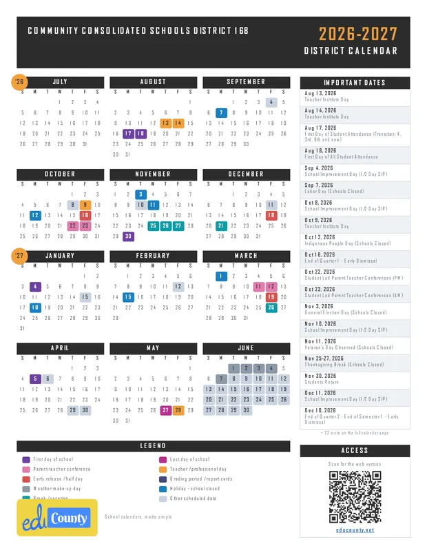 Community Consolidated Schools District 168 printable 2026-27 calendar