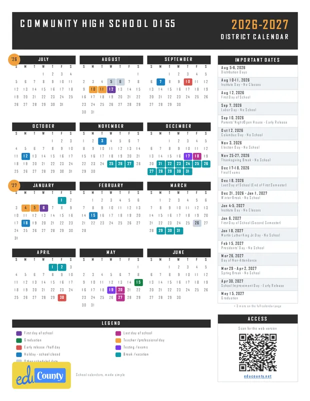 Community High School d155 printable 2026-27 calendar