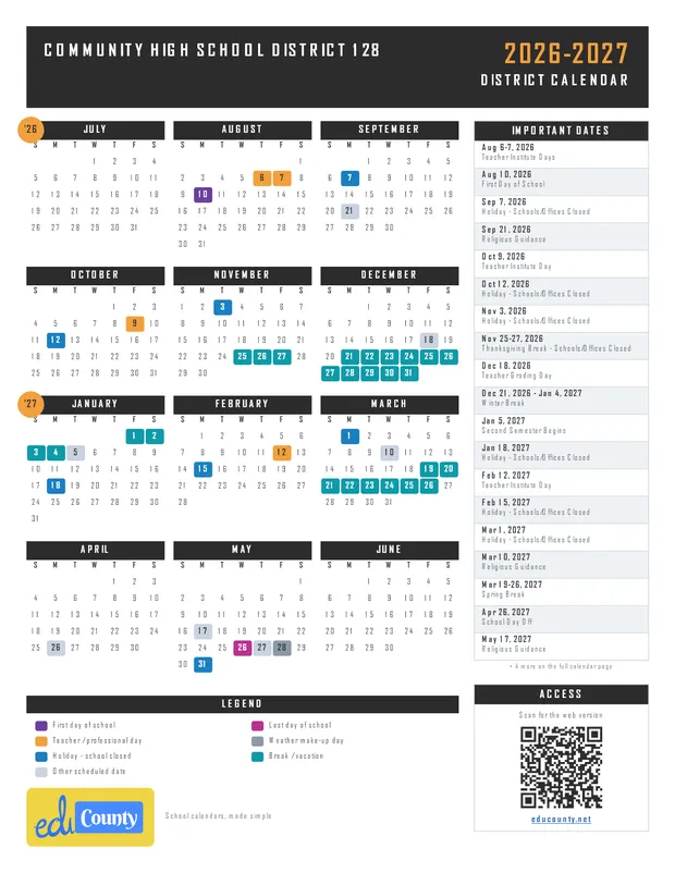 Community High School District 128 printable 2026-27 calendar