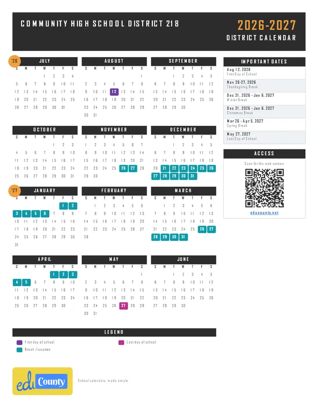 Community High School district 218 printable 2026-27 calendar