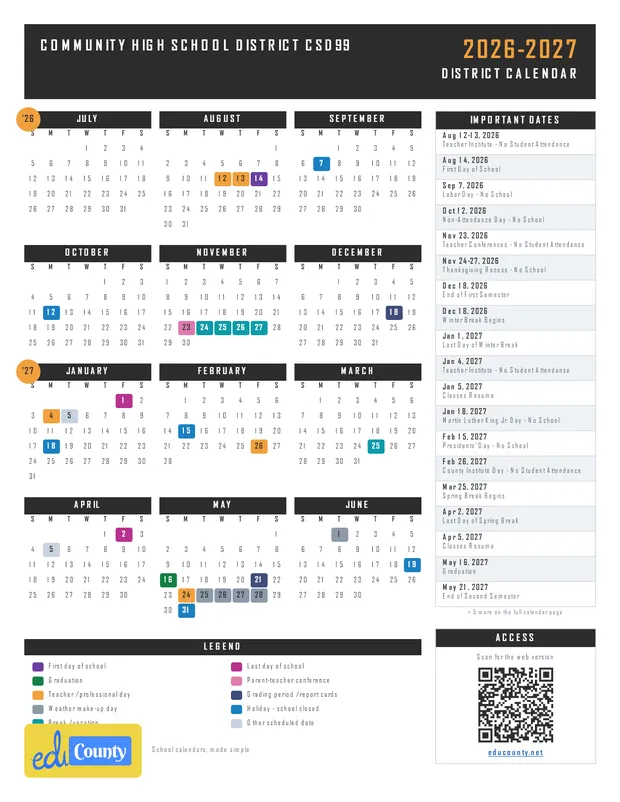 Community High School District CSD99 printable 2026-27 calendar
