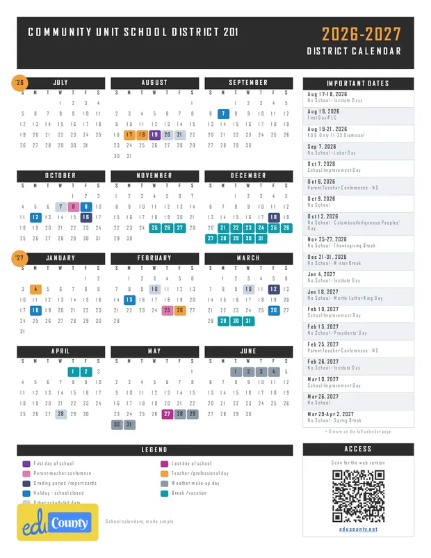 Community Unit School District 201 printable 2026-27 calendar