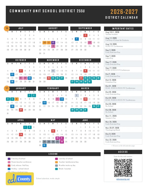 COMMUNITY UNIT SCHOOL DISTRICT 255U printable 2026-27 calendar
