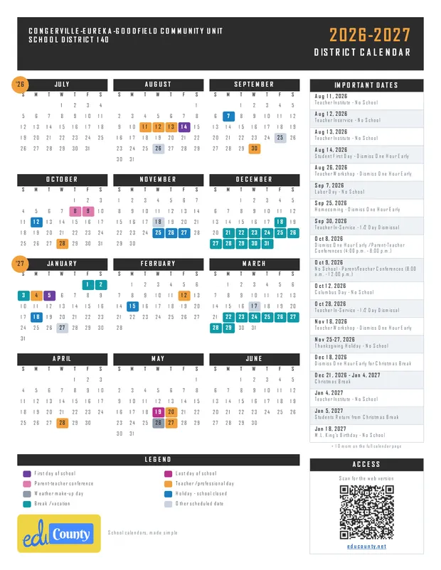Congerville-Eureka-Goodfield Community Unit School District 140 printable 2026-27 calendar