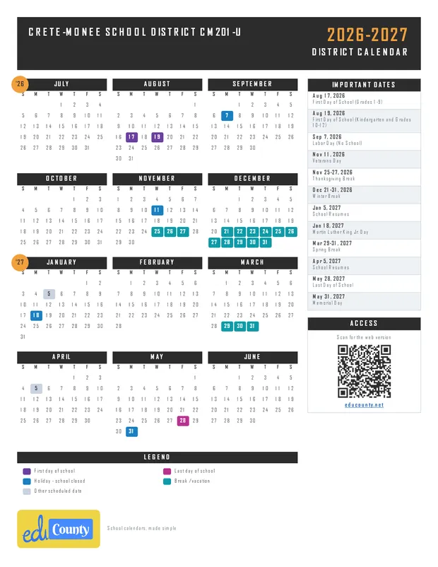 Crete-Monee School District CM201-U printable 2026-27 calendar