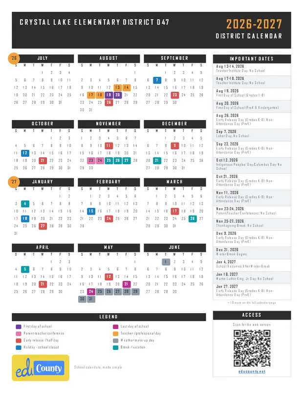 Crystal Lake Elementary District D47 printable 2026-27 calendar