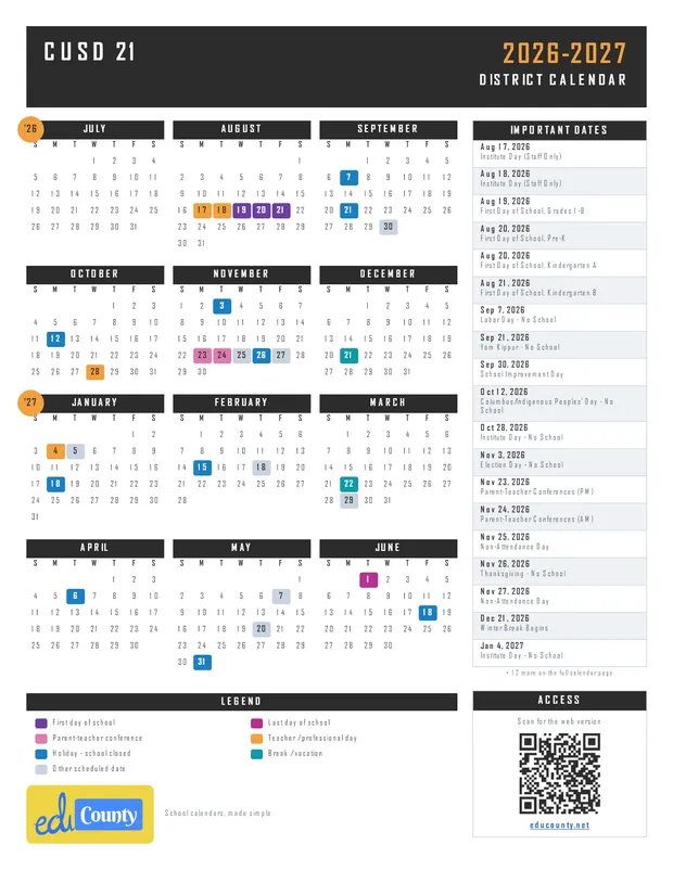 CUSD 21 printable 2026-27 calendar