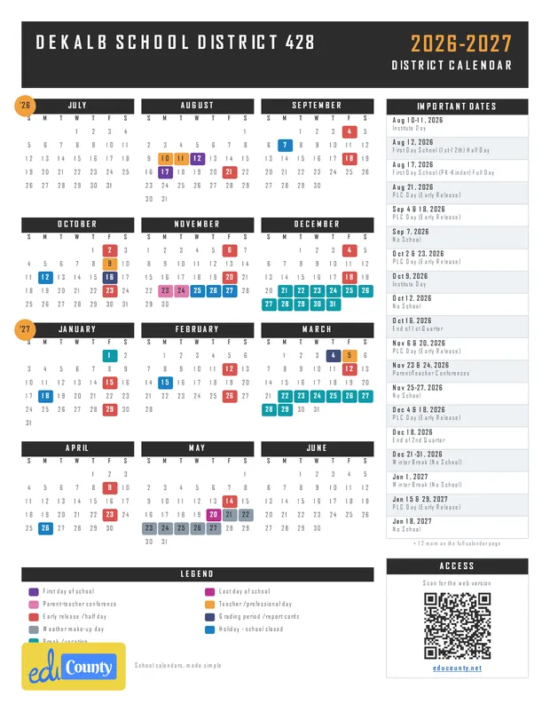 DeKalb School District 428 printable 2026-27 calendar
