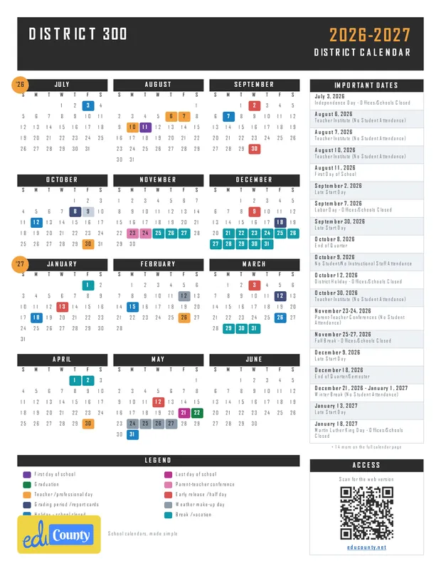 District 300 printable 2026-27 calendar