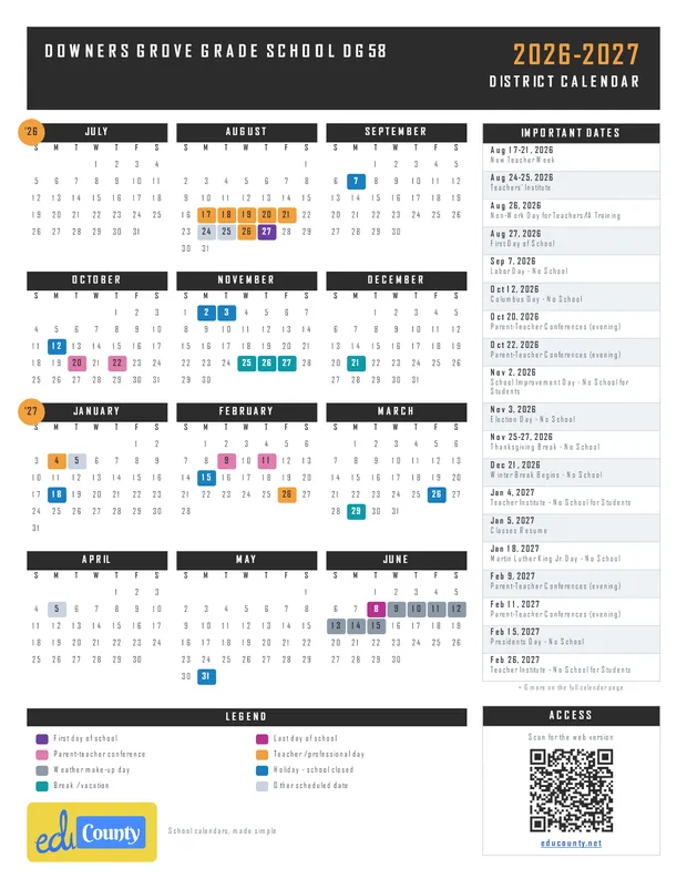 Downers Grove Grade School dg58 printable 2026-27 calendar