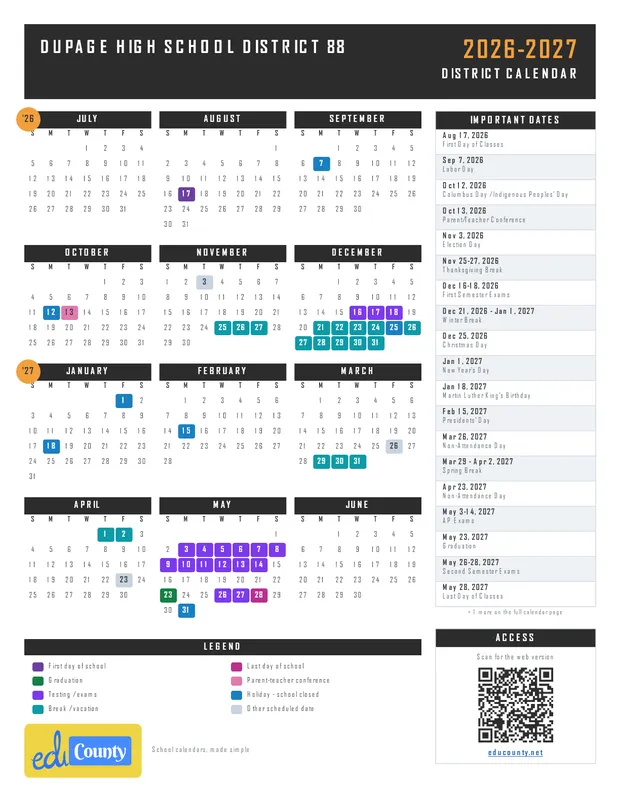 DuPage High School District 88 printable 2026-27 calendar