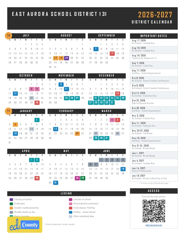 East Aurora School District 131 printable 2026-27 calendar