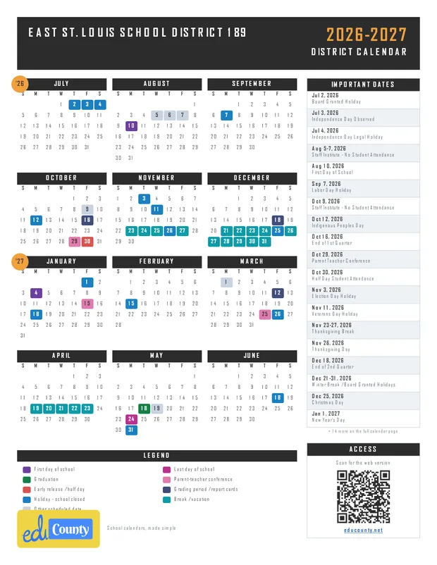 East St. Louis School District 189 printable 2026-27 calendar