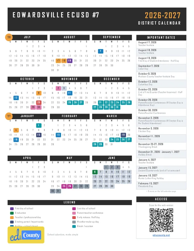 Edwardsville ECUSD #7 printable 2026-27 calendar