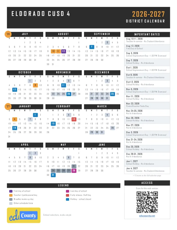 Eldorado CUSD 4 printable 2026-27 calendar