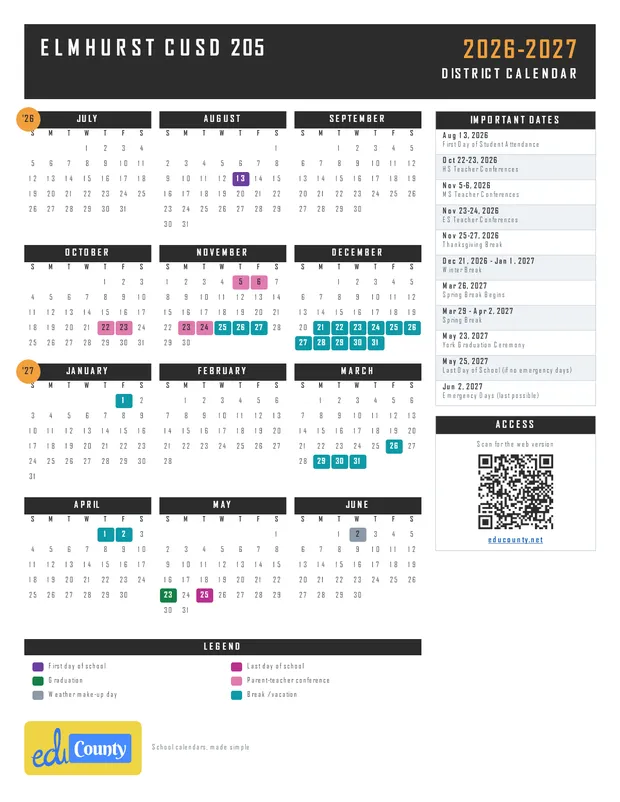 Elmhurst CUSD 205 printable 2026-27 calendar