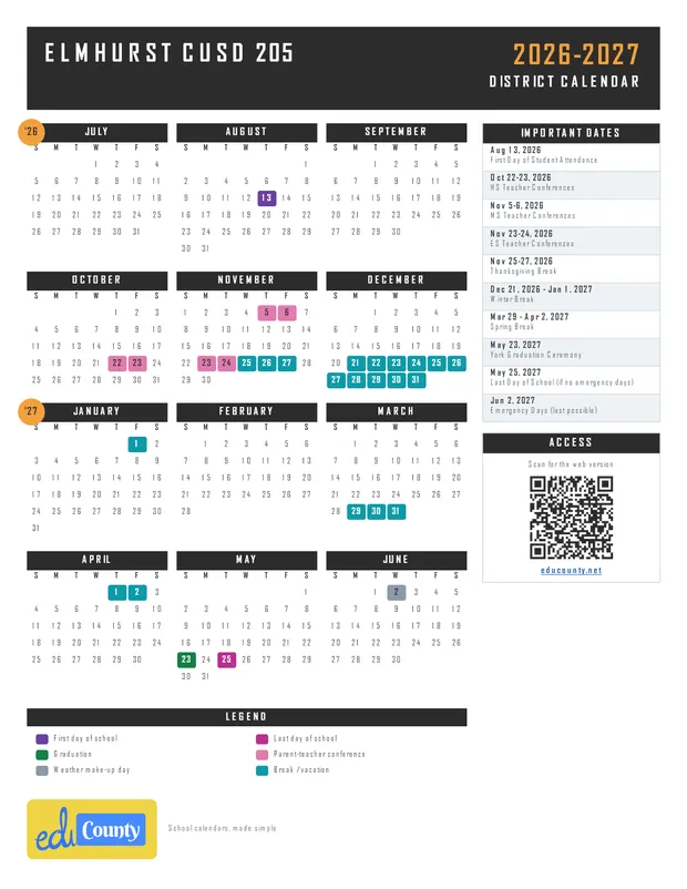 ELMHURST CUSD 205 printable 2026-27 calendar
