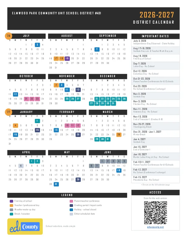 Elmwood Park Community Unit School District #401 printable 2026-27 calendar