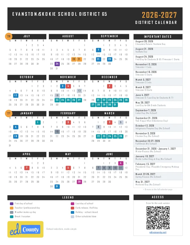 Evanston/Skokie School District 65 printable 2026-27 calendar