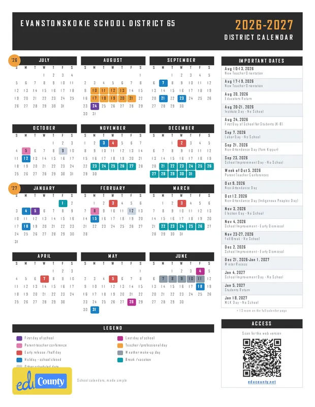EvanstonSkokie School District 65 printable 2026-27 calendar