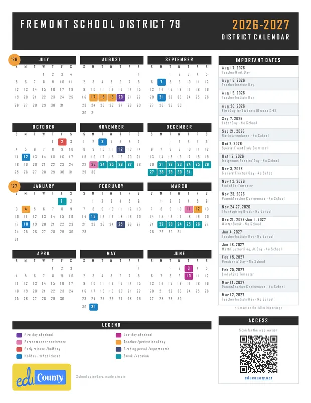 Fremont School District 79 printable 2026-27 calendar