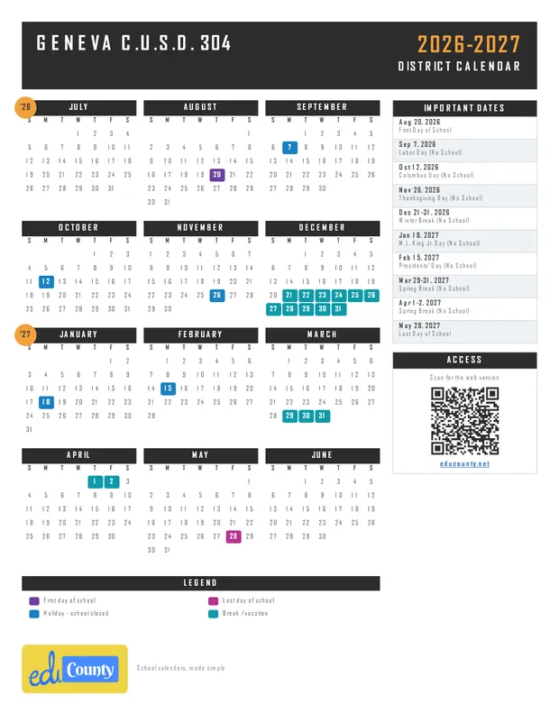 Geneva C.U.S.D. 304 printable 2026-27 calendar