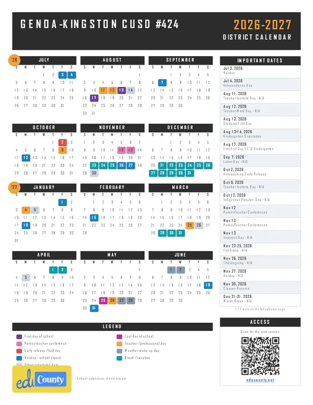 Genoa-Kingston CUSD #424 printable 2026-27 calendar