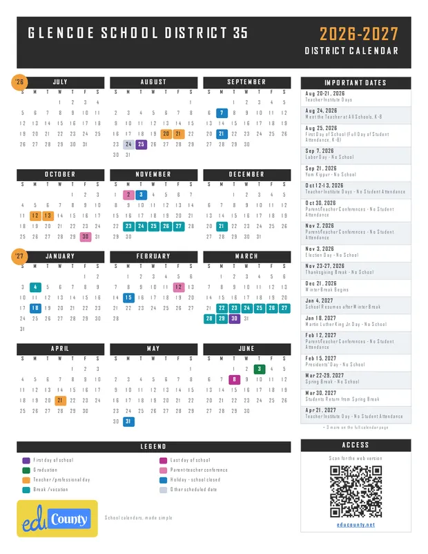 GLENCOE SCHOOL DISTRICT 35 printable 2026-27 calendar