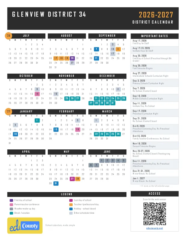 Glenview District 34 printable 2026-27 calendar