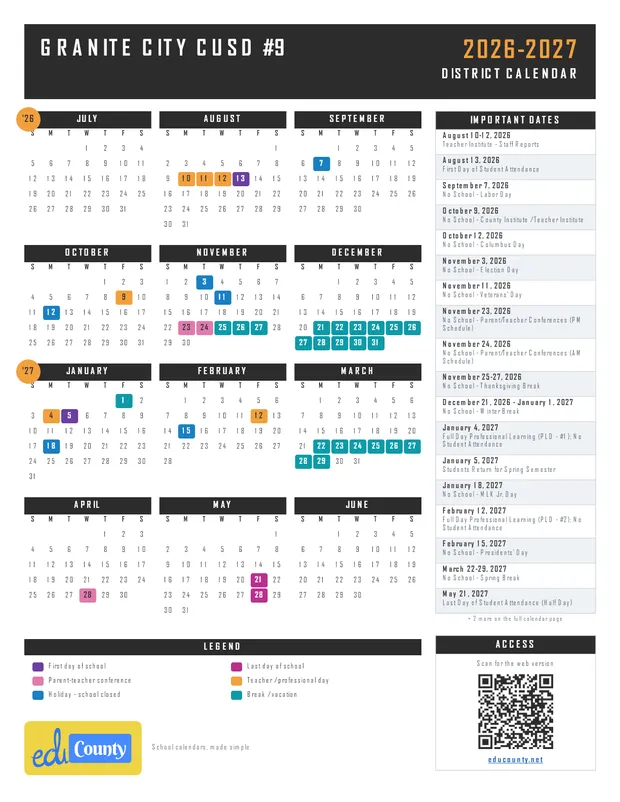 Granite City cusd #9 printable 2026-27 calendar