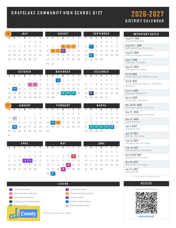 Grayslake Community High School D127 printable 2026-27 calendar